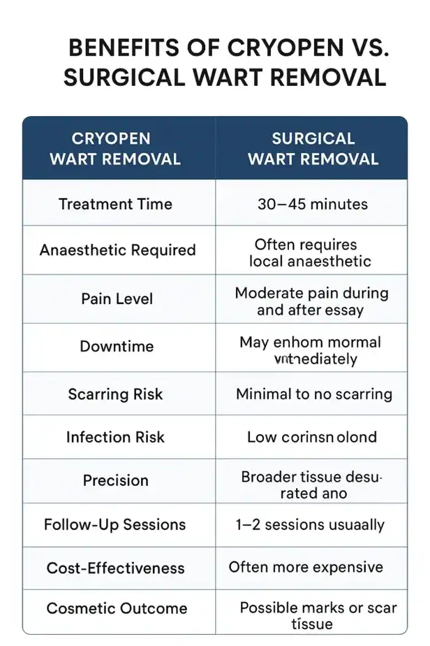 Table showing the benefits of cryopen to remove warts Waltham Abbey compared to surgical treatment